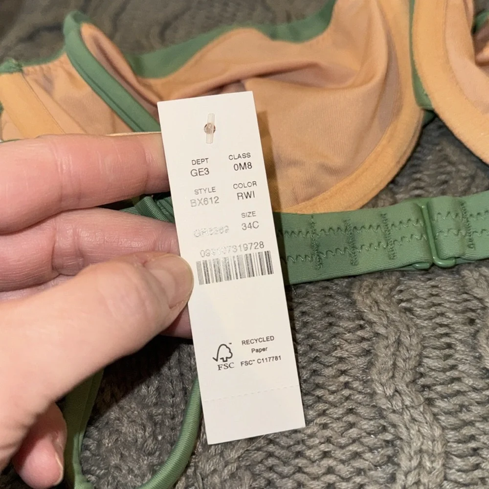 J. Crew Balconette underwire bikini top, green, size 34C, NWT